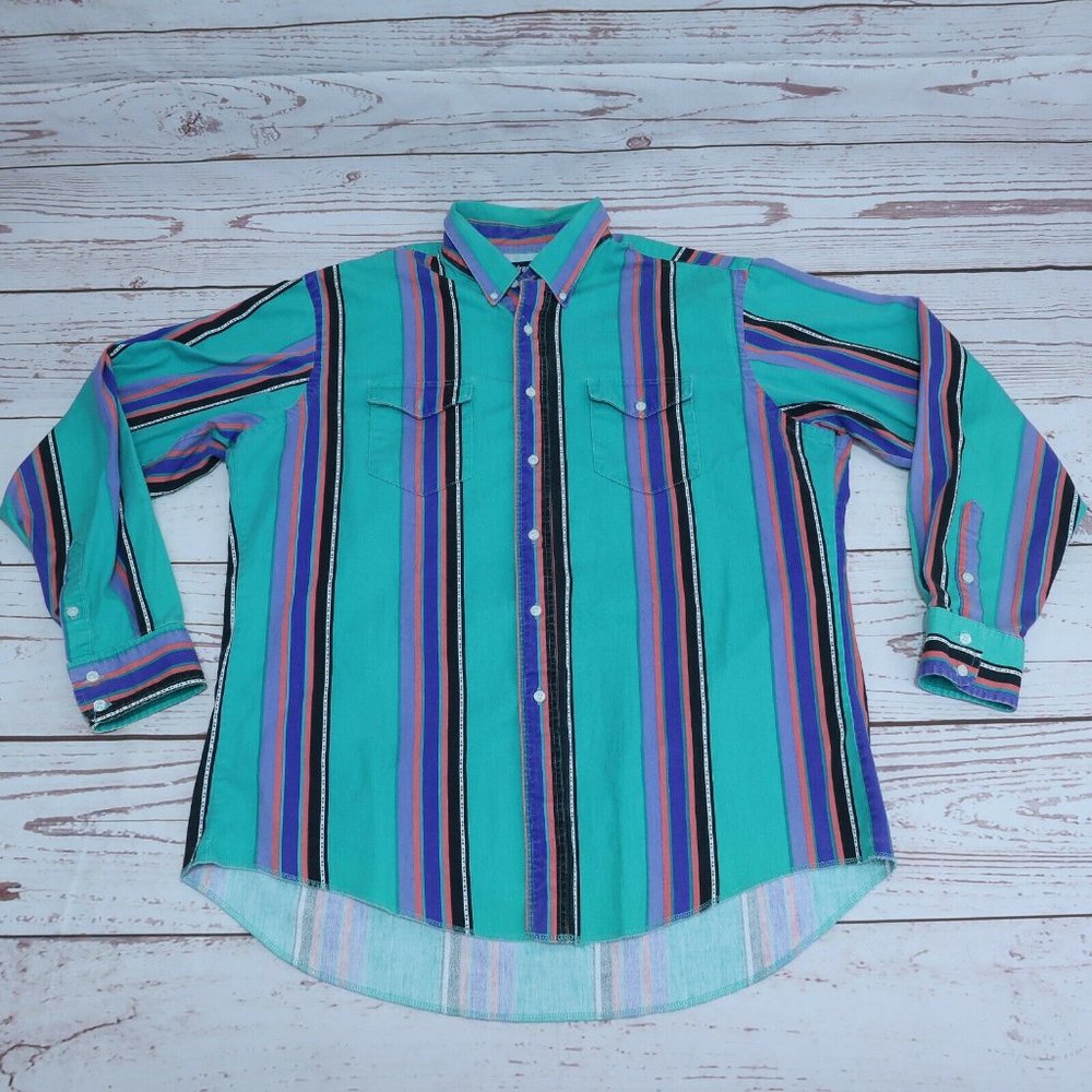 Vintage Wrangler Denim Shirt Striped Black Purple Mens size 17.5 x 36